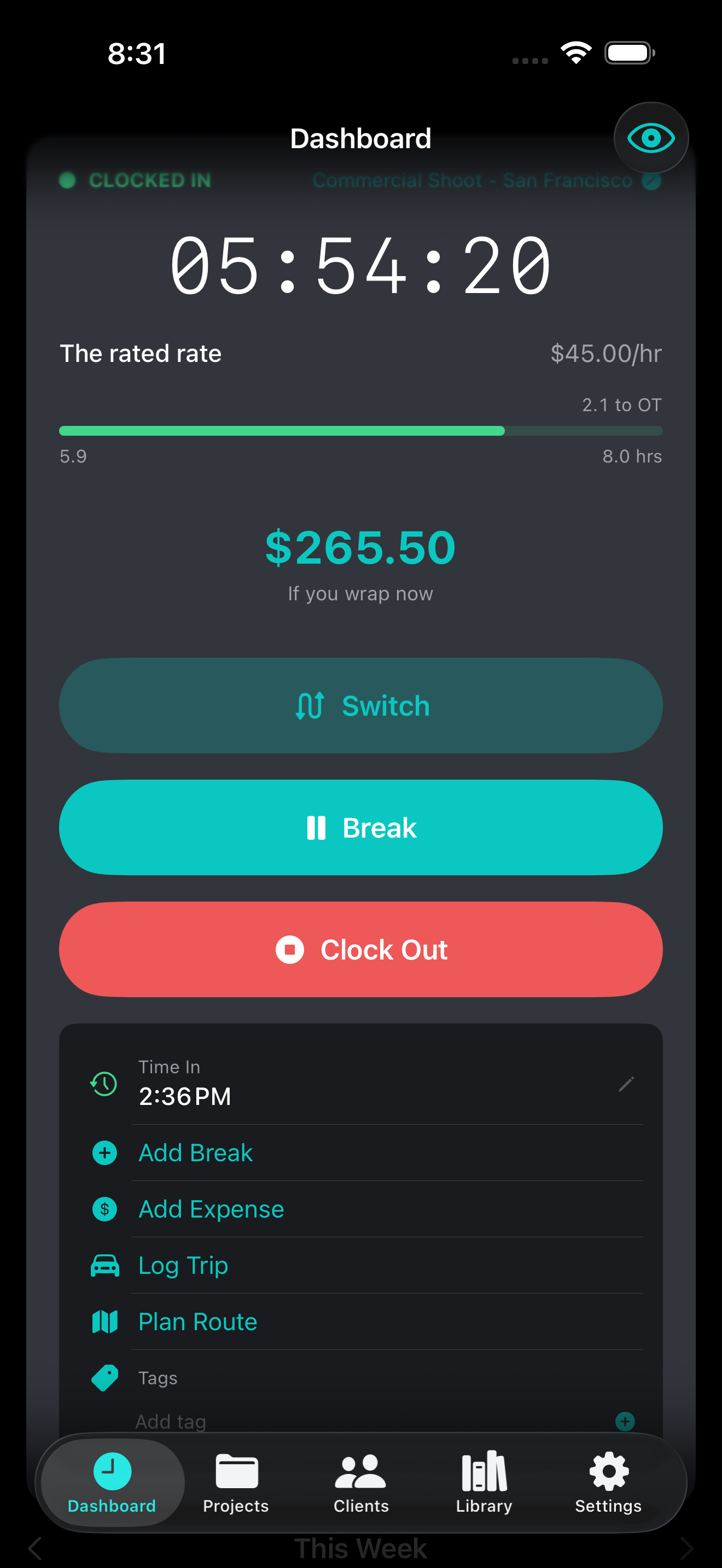 Dashboard — Live shift tracking with real-time earnings